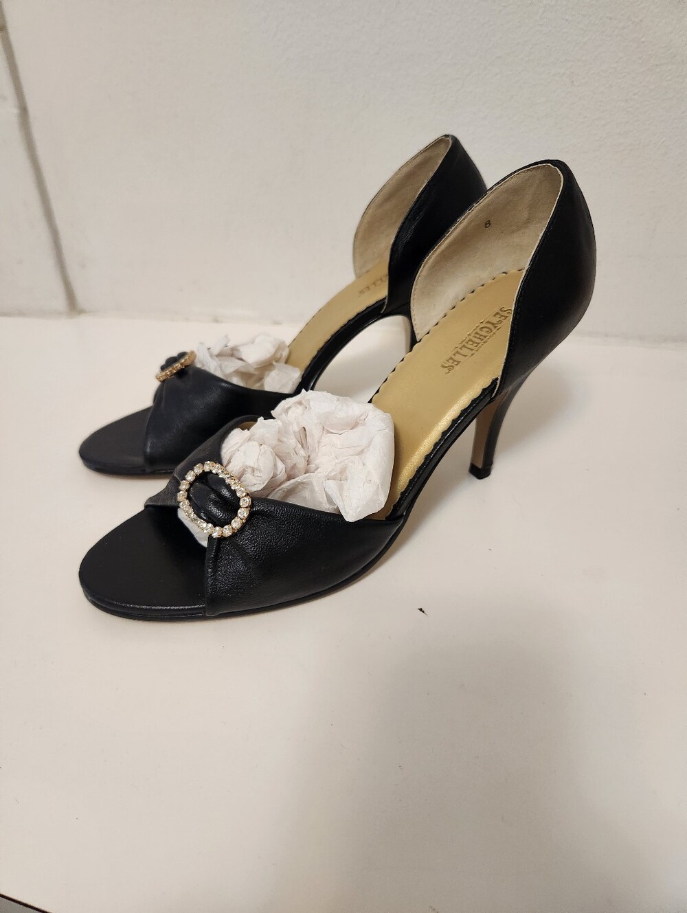 Seychelles D'Orsay Black Leather Rhinestone Peep Toe Heels Size 8 NWOB